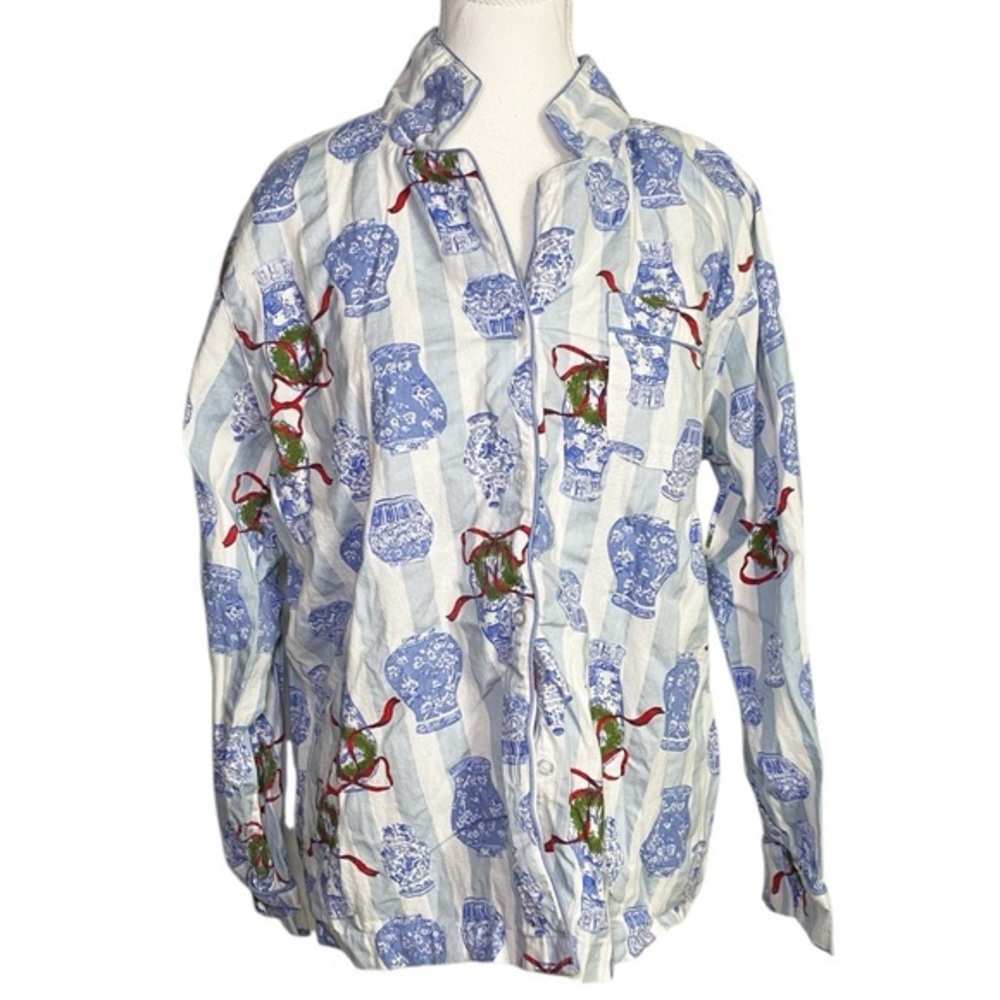 8 Oak Lane Blue and White Cotton Button Down Pajama Top